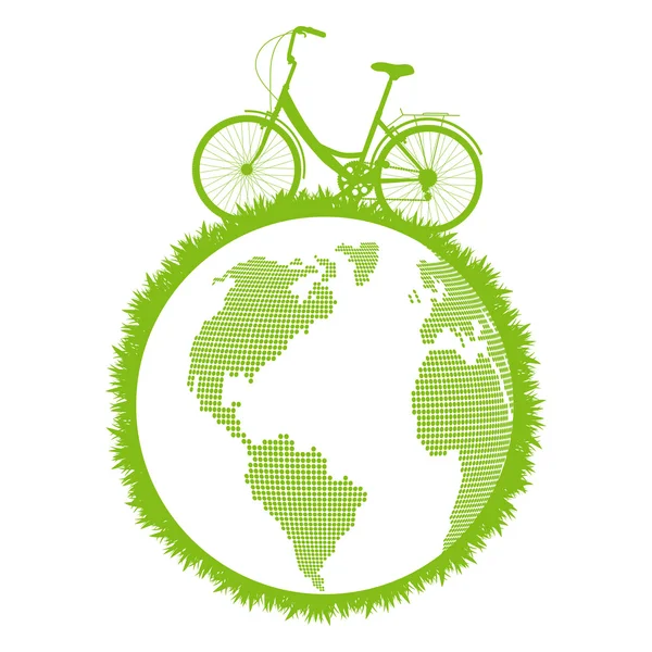 Bicicleta ecológica verde dirigindo planeta vetor fundo — Vetor de Stock