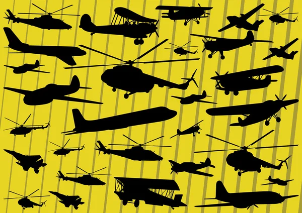 Vliegtuigen en helikopters gedetailleerde silhouetten vector — Stockvector