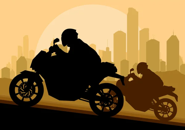 Zawodników motocykli sportowych motocykli sylwetki w mieście wieżowiec — Wektor stockowy