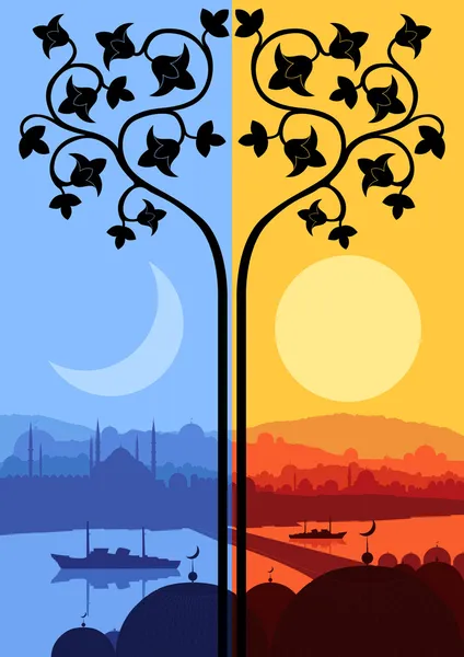 Vintage Arabic city landscape night and day cycle illustration b — Stock Vector