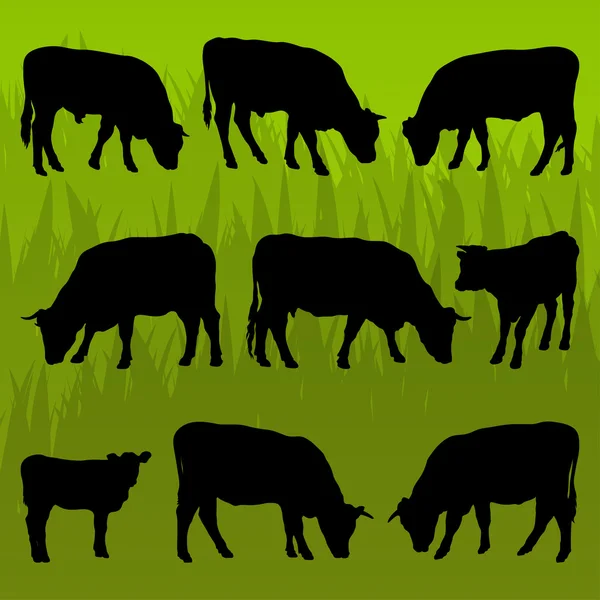 Ganado bovino siluetas detalladas ilustración vector de fondo — Vector de stock