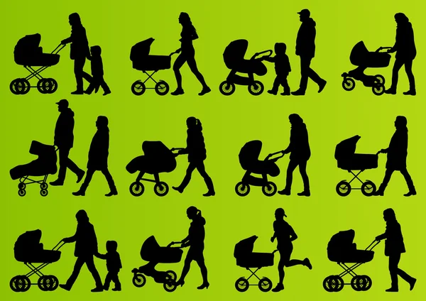 Jonge familie baby pram en vervoer gedetailleerde silhouetten vector — Stockvector