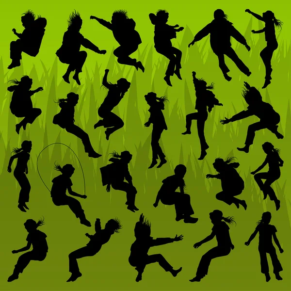 Jumping children girl and boy detailed silhouettes illustration — Stock Vector