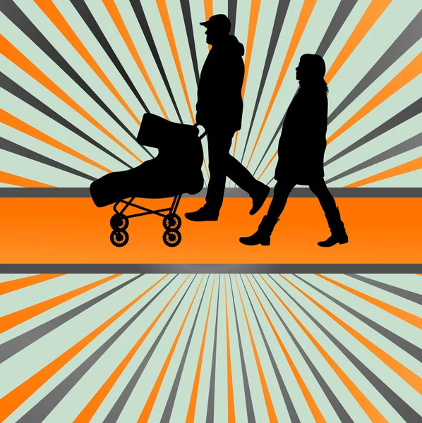 家族と赤ちゃんベビーカー ベクトル バースト背景 — ストックベクタ
