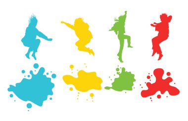 Girls, kids jumping vector silhouette set background clipart