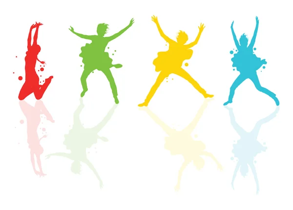 Bailando chicas con manchas de colores y salpicaduras de fondo vectorial — Vector de stock