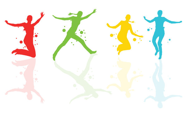Dancing girls with colorful spots and splashes vector background