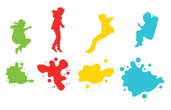 Girls, kids jumping vector silhouette set background — Stock Vector