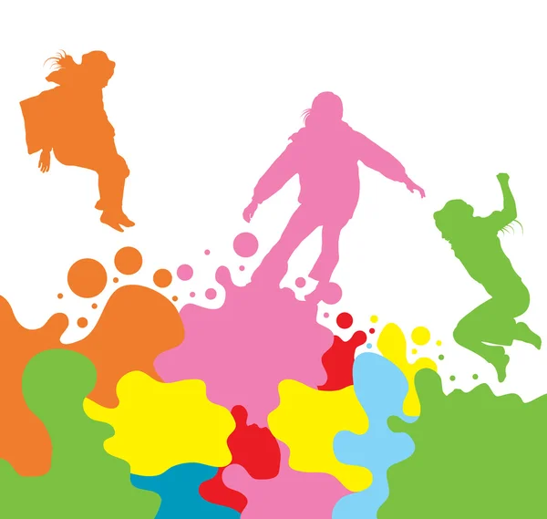 Filles, enfants sautant vecteur silhouette ensemble fond — Image vectorielle