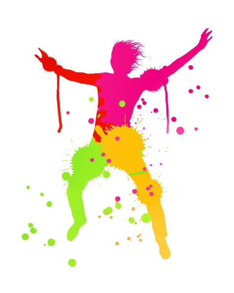 Des éclaboussures d'encre brillantes colorées et un fond vectoriel de personne heureuse — Image vectorielle