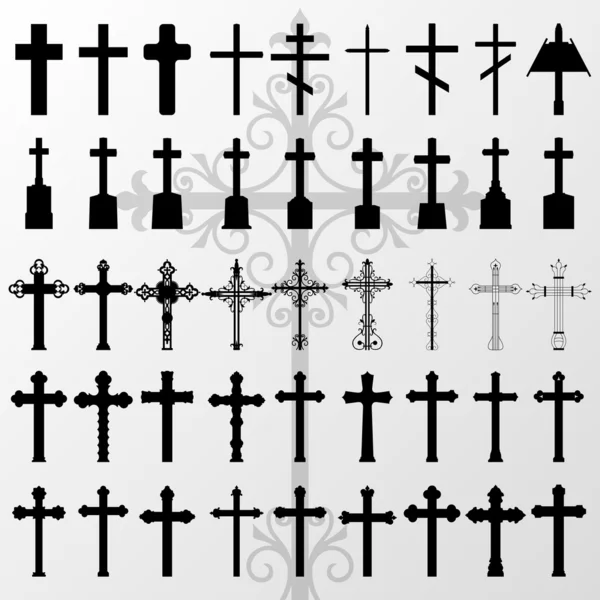 Vintage old cemetery crosses and graveyard cross silhouettes ill — Stock Vector