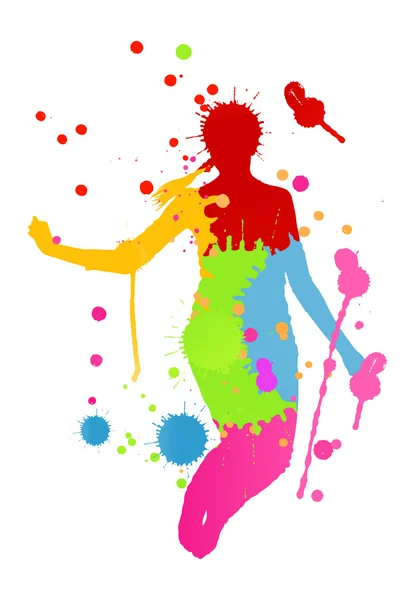 Des éclaboussures d'encre brillantes colorées et un fond vectoriel de personne heureuse — Image vectorielle