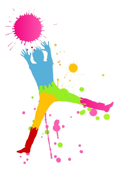 Colorful bright ink splashes and happy person vector background — Stock Vector