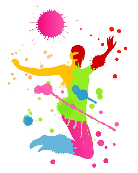 Colorful bright ink splashes and happy person vector background — Stock Vector