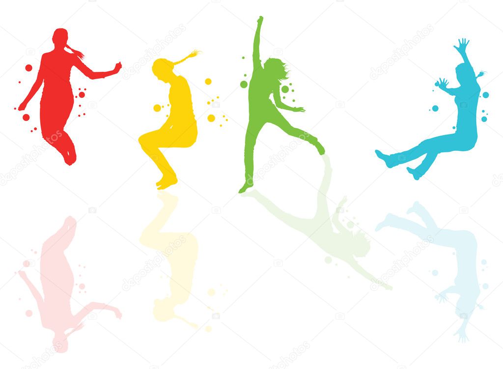 Dancing girls with colorful spots and splashes vector background
