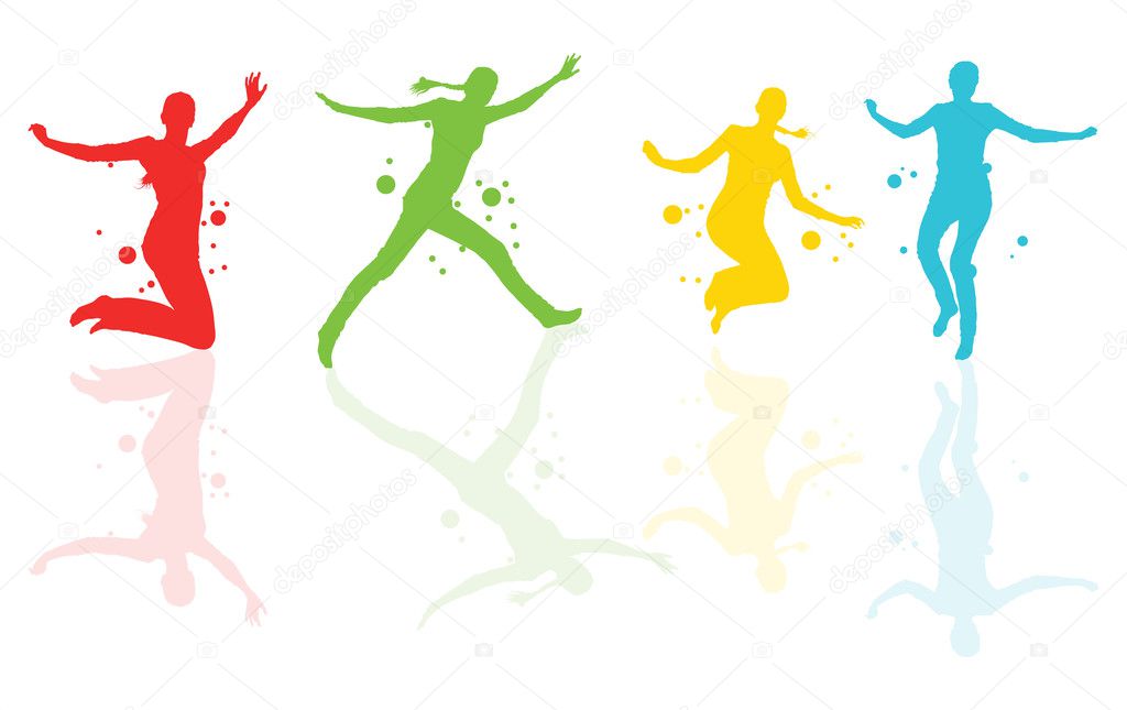 Dancing girls with colorful spots and splashes vector background