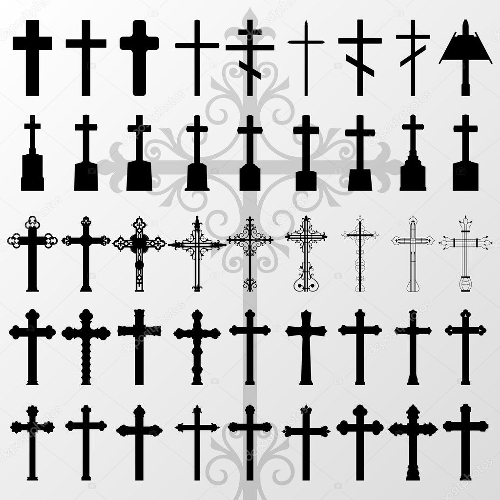 Vintage old cemetery crosses and graveyard cross silhouettes ill