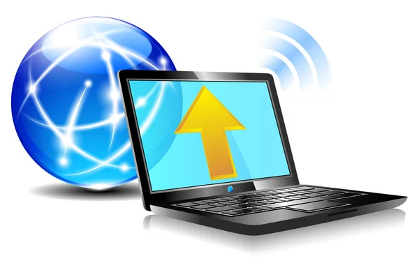 Ladda upp till ikonen internet cloud - laptop globala — Stock vektor