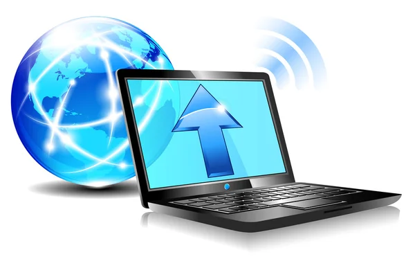 Carregar para a nuvem de internet Icon - Laptop global World — Vetor de Stock