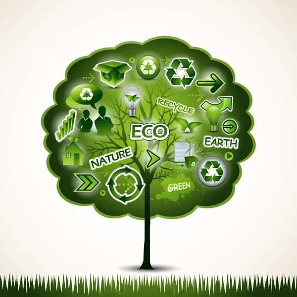Green tree with many ecological icons — Stock Vector