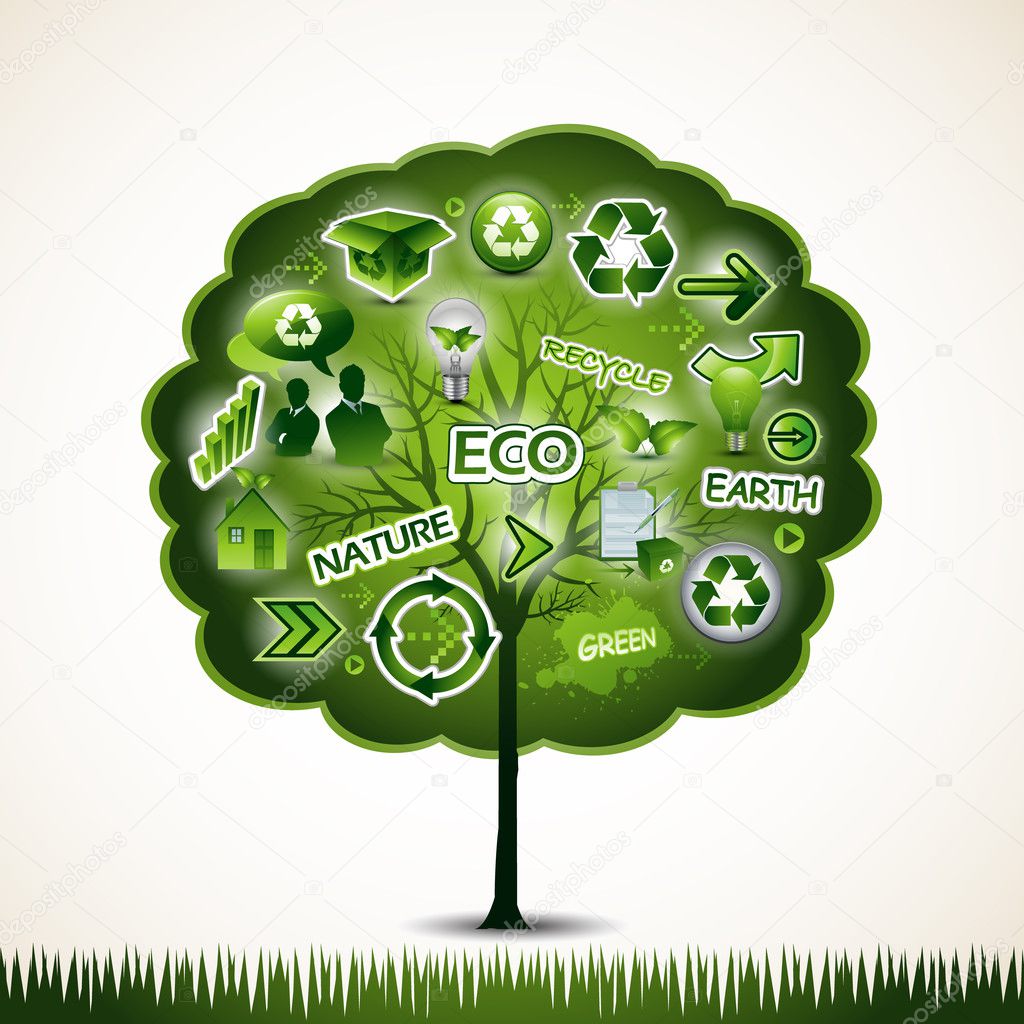 Green tree with many ecological icons