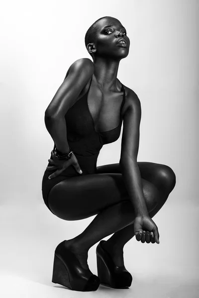 Black African American British fashion model with perfect skin lingerie studio portrait — Stock Photo, Image