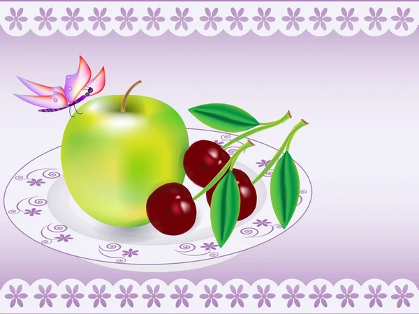 Vector Ilustración: manzana; cereza en el plato — Archivo Imágenes Vectoriales