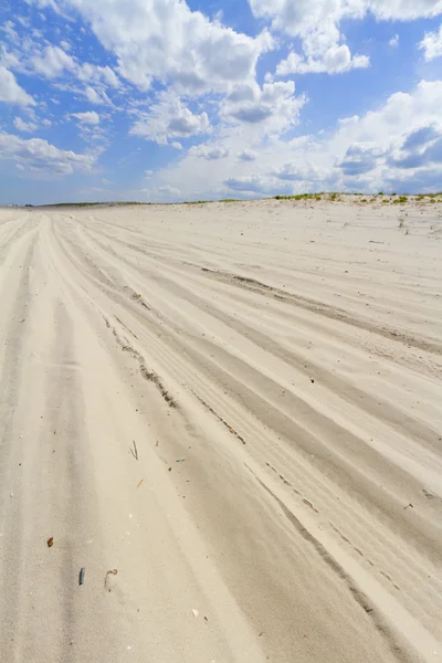 Vista sulla spiaggia con auto tracce di pneumatici nella sabbia — Foto Stock