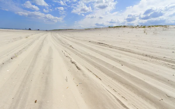 Vista sulla spiaggia con auto tracce di pneumatici nella sabbia — Foto Stock