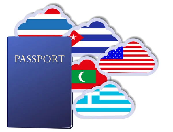 Vektor fogalma az útlevél és az ország a világ formájában a felhők. Eps10 — Stock Vector