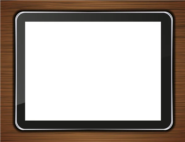 Tablette d'ordinateur vectoriel sur fond en bois. Eps 10 — Image vectorielle