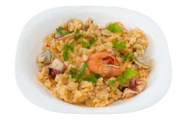 Rice with seafood in the white plate — Stock Photo, Image