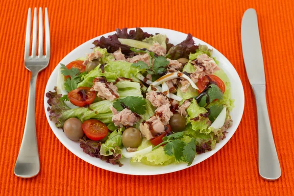 Salat mit Thunfisch auf dem weißen Teller — Stockfoto