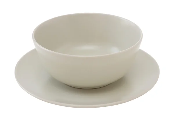 Серый чаша и тарелка на белом фоне — стоковое фото
