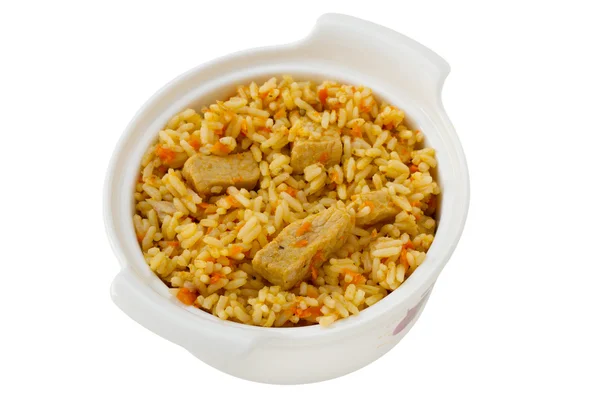 Ryż z wieprzowiny i warzywa w misce — Zdjęcie stockowe