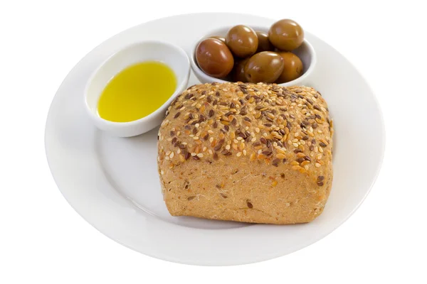 Pan con aceitunas y aceite de oliva —  Fotos de Stock