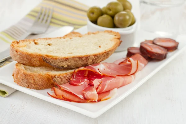 Prosciutto, sausages and olives on the plate — Stock Photo, Image