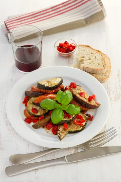 Ratatouille with basil on the white plate — Stock Photo, Image