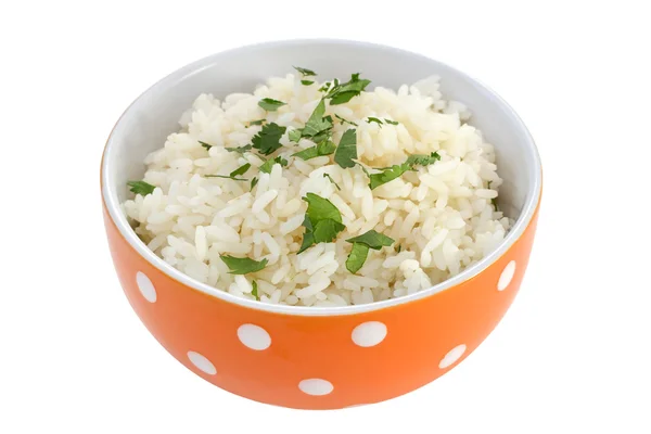 stock image Boiled rice in orange bowl with parsley