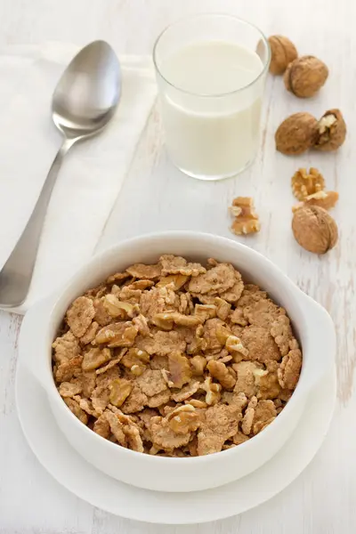 Cereals with walnut in the white bowl — Stock Photo, Image