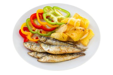 Fried sardines with pepper and potato clipart