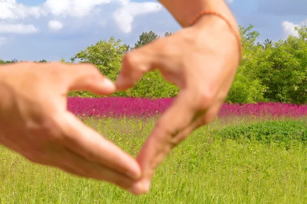 Liebe zur Natur. Menschenhände formen eine Liebe — Stockfoto