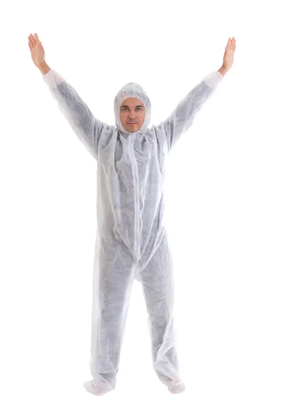 Man in white protective clothes with his hands raised up — Stock Photo, Image