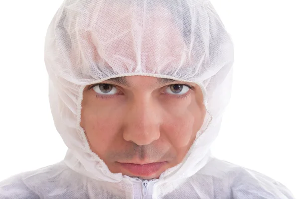 Man in beschermende uniforme close-up, geïsoleerd op wit — Stockfoto