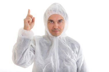 Man in protective clothes pointing up the finger, isolated on wh