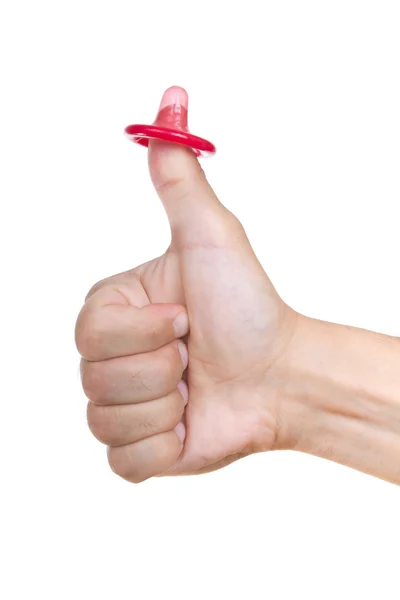 Preservativo sobre polegar, isolado sobre branco — Fotografia de Stock