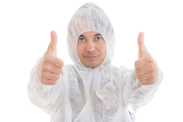 Man in protective clothes giving thumbs-up sign — Stock Photo, Image