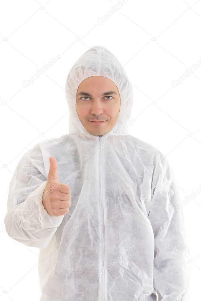 Man in protective clothes giving a thumbs-up sign
