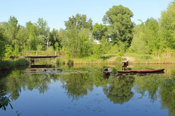 这座木桥和湖上的老燕麦 — 图库照片
