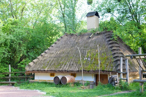 Oude landelijke taverne met houten vaten — Stockfoto